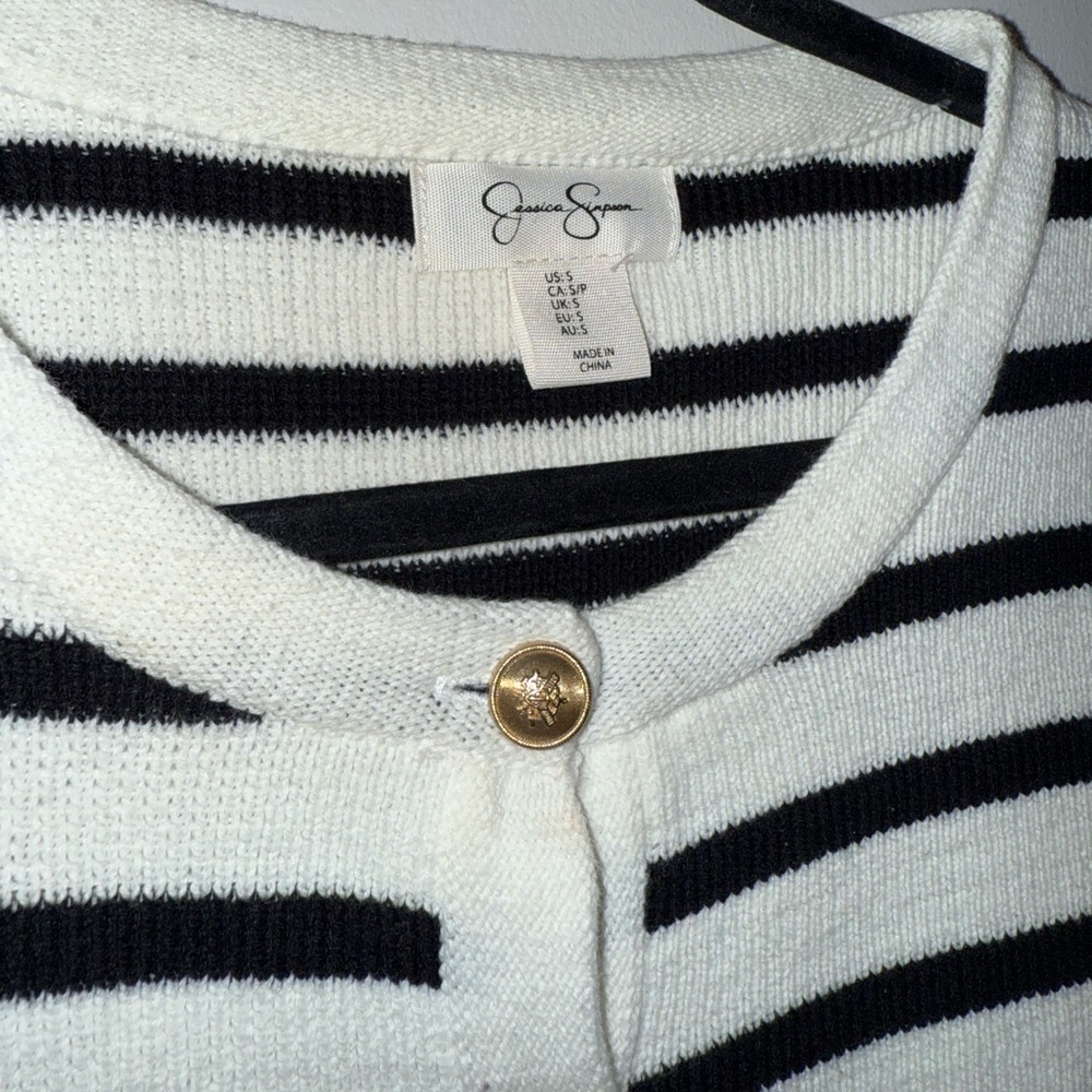 Jessica Simpson Black and White Striped Cardigan with Gold Accent - Picture 2 of 4